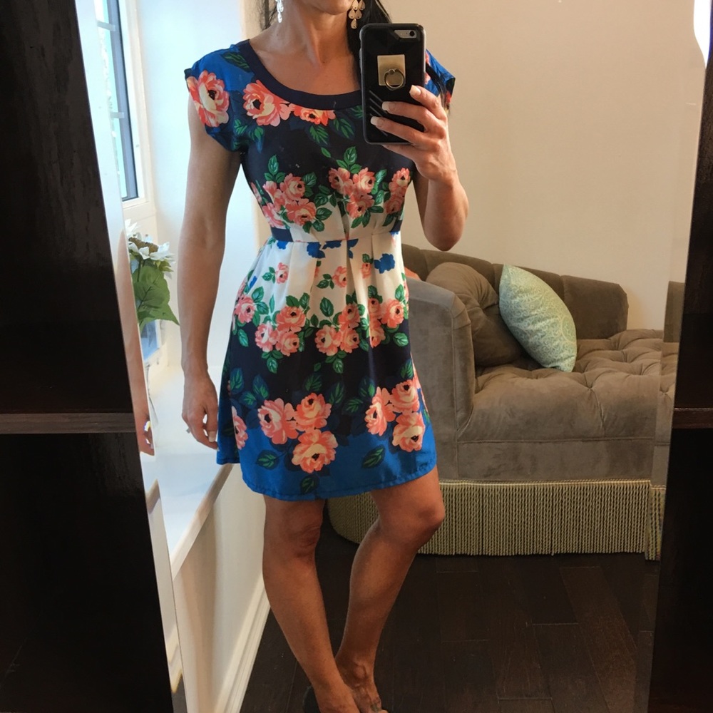 Just Ginger navy coral floral midi dress w pockets - Picture 1 of 8